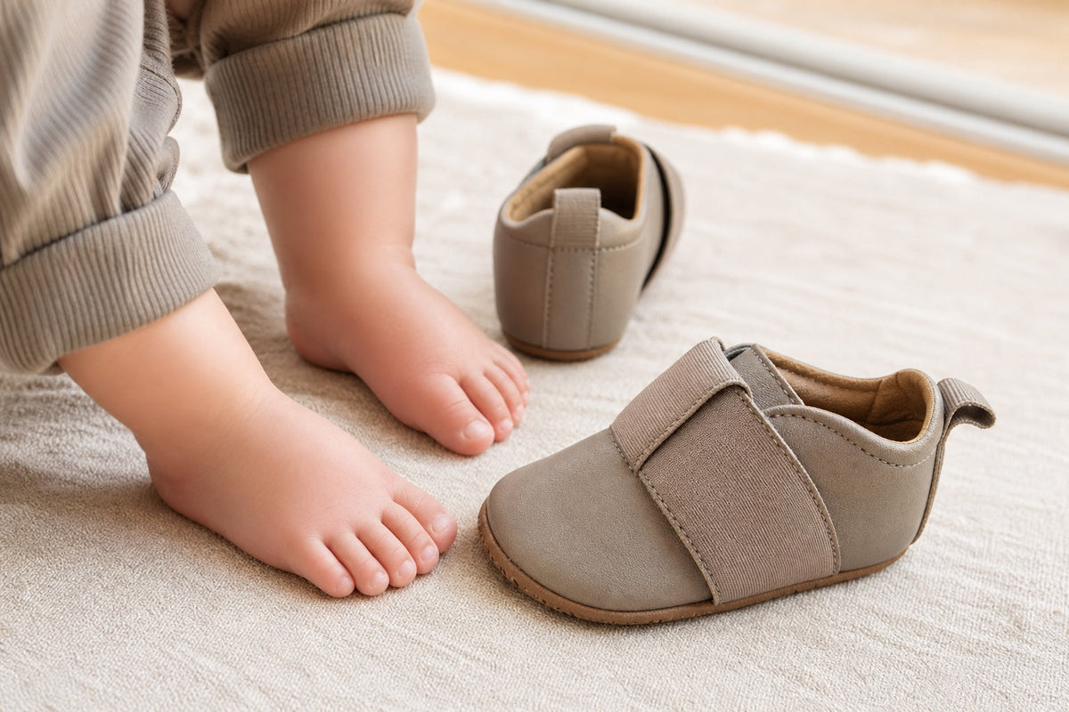 Child’s bare feet beside beige shoes with adjustable straps