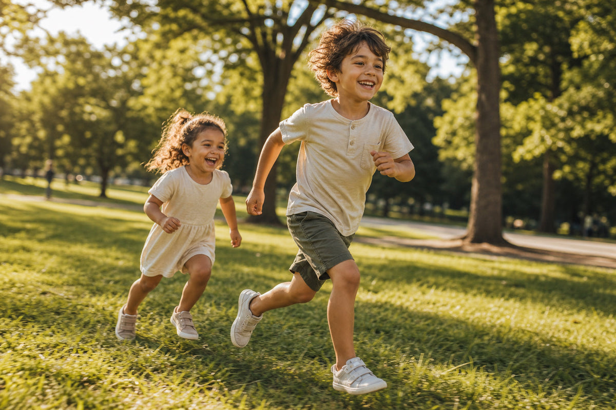 Two children running across a sunlit park