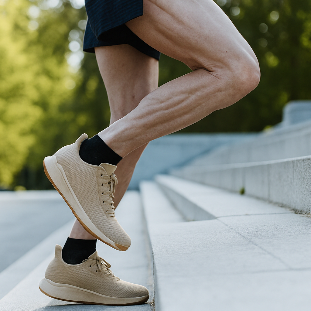 A man wearing sneakers stands on a stairway - Joyo barefoot