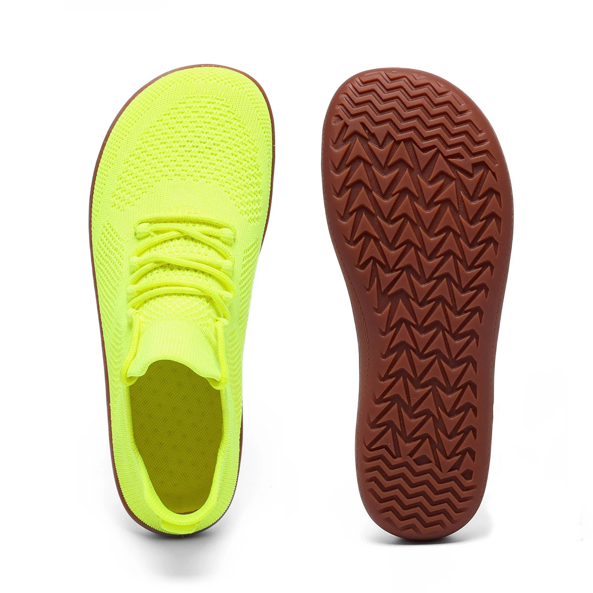 Light green mesh sneakers with brown sole—Joyo barefoot