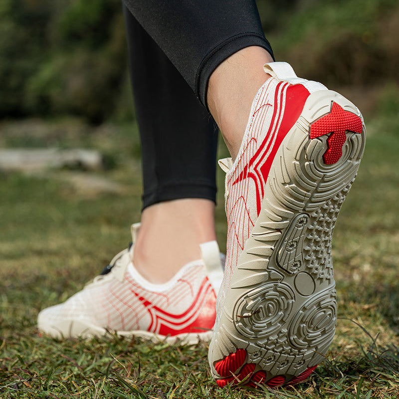 stylish white and red sneakers—Joyo barefoot