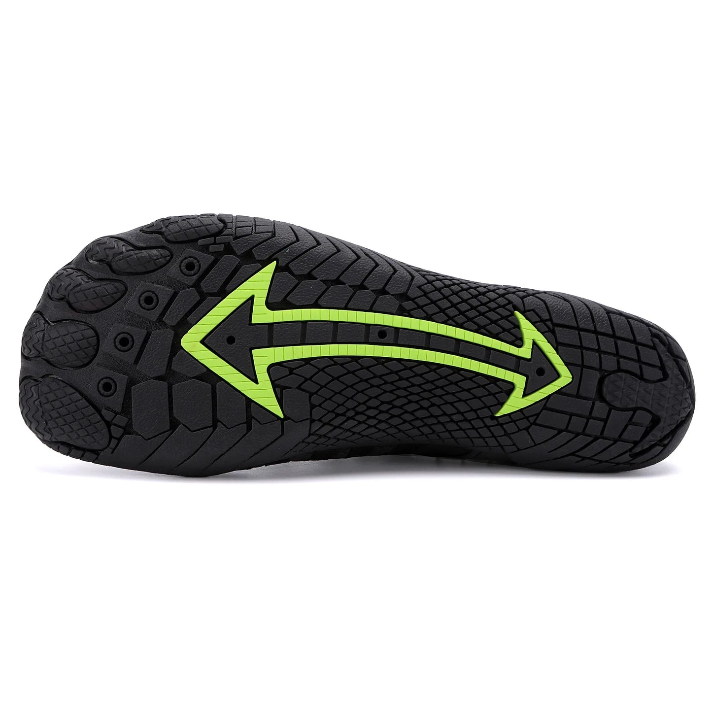 sole of a black and green shoe with an arrow—Joyo barefoot
