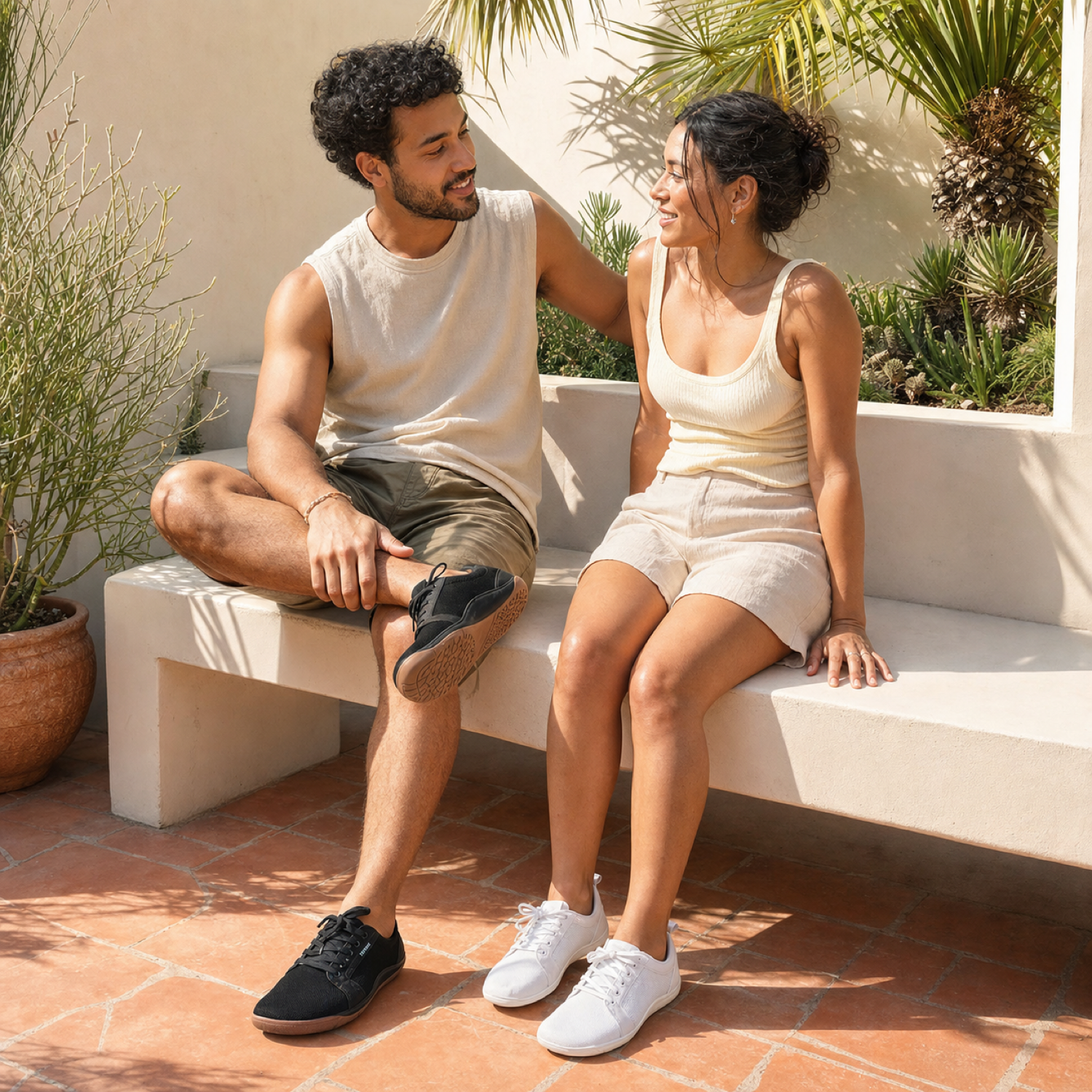 Couple wearing Joyo Barefoot shoes on Mediterranean patio